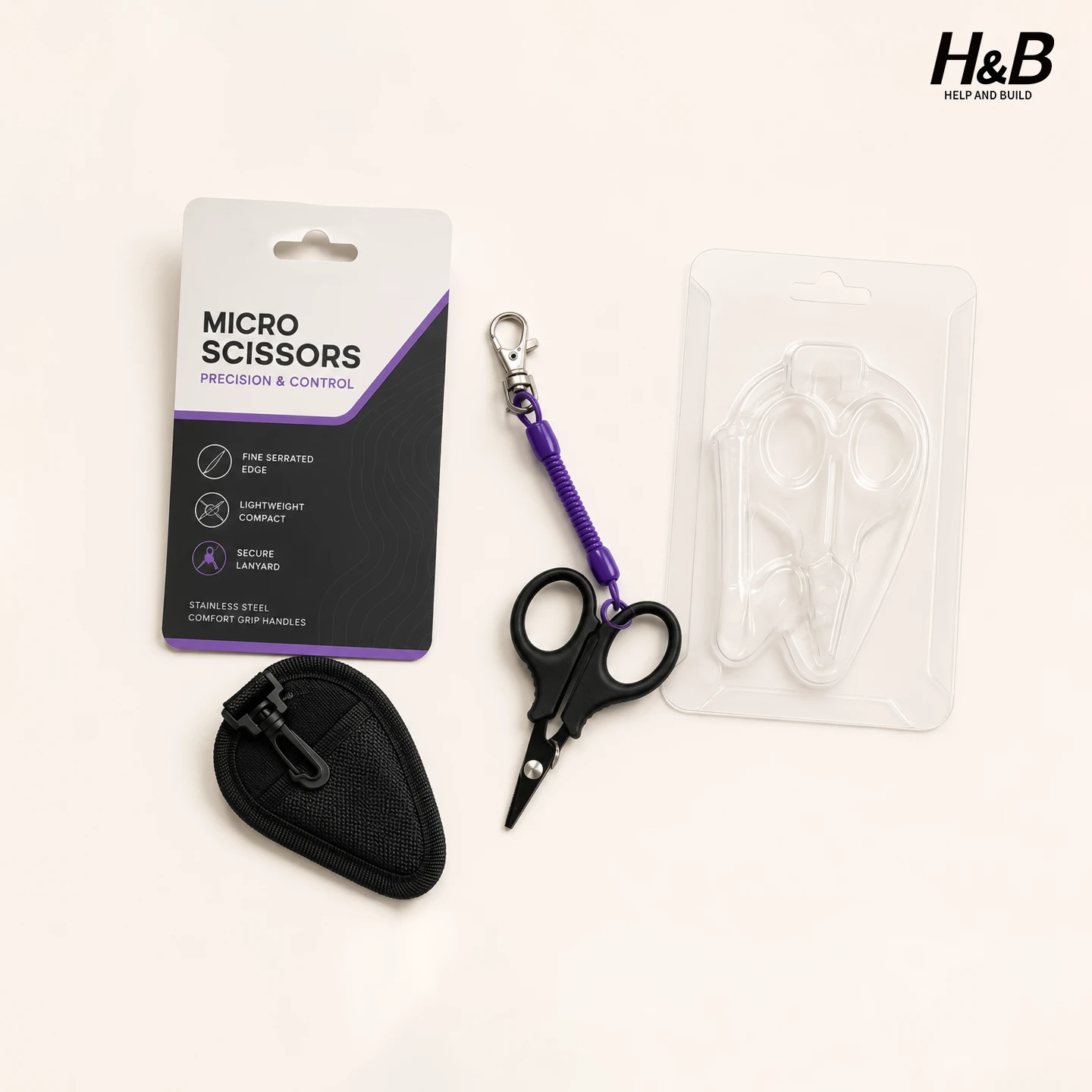 Compact fishing scissors packaged with a slide card and tray