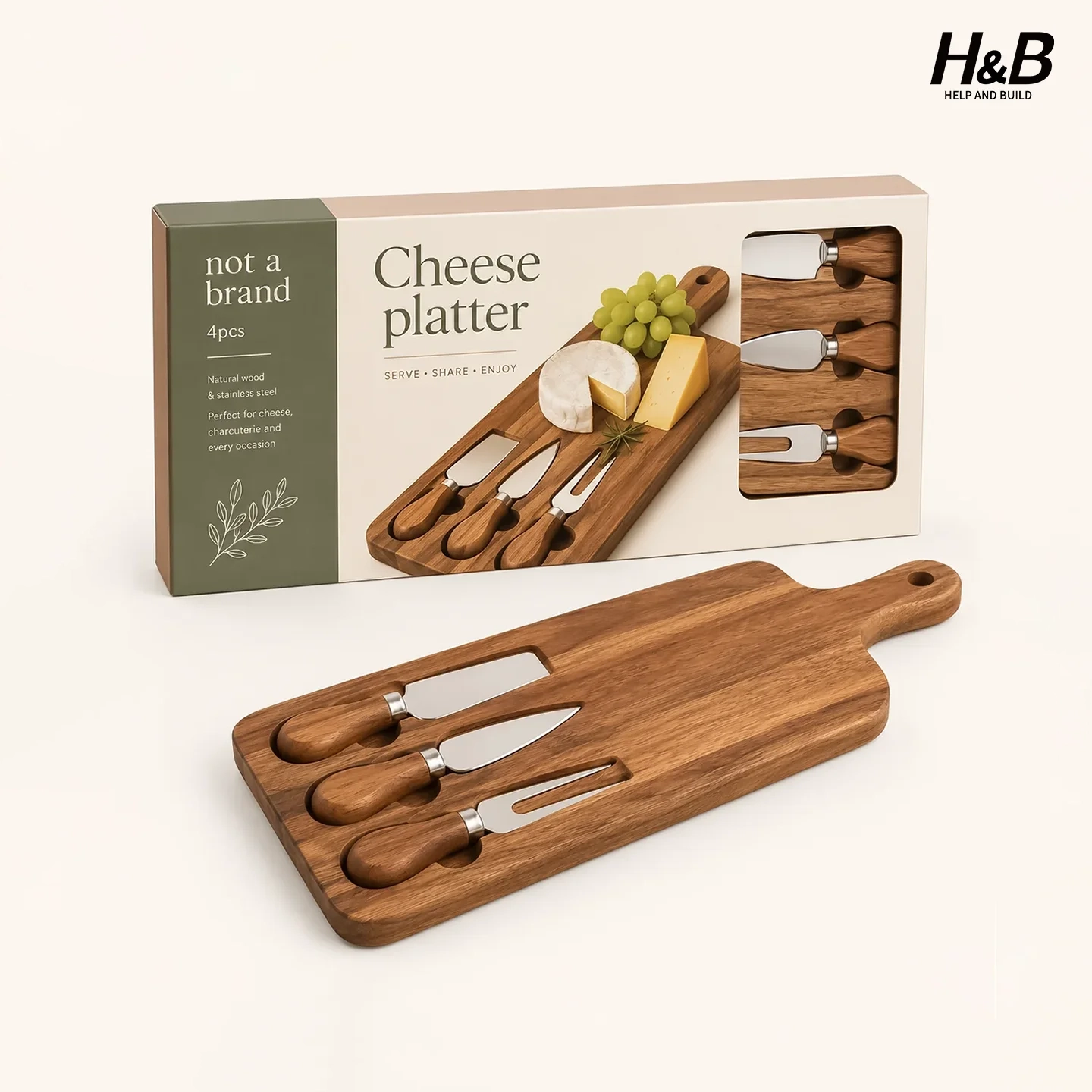 Acacia wood cheese board set with three stainless steel cheese knives and display-ready box packaging