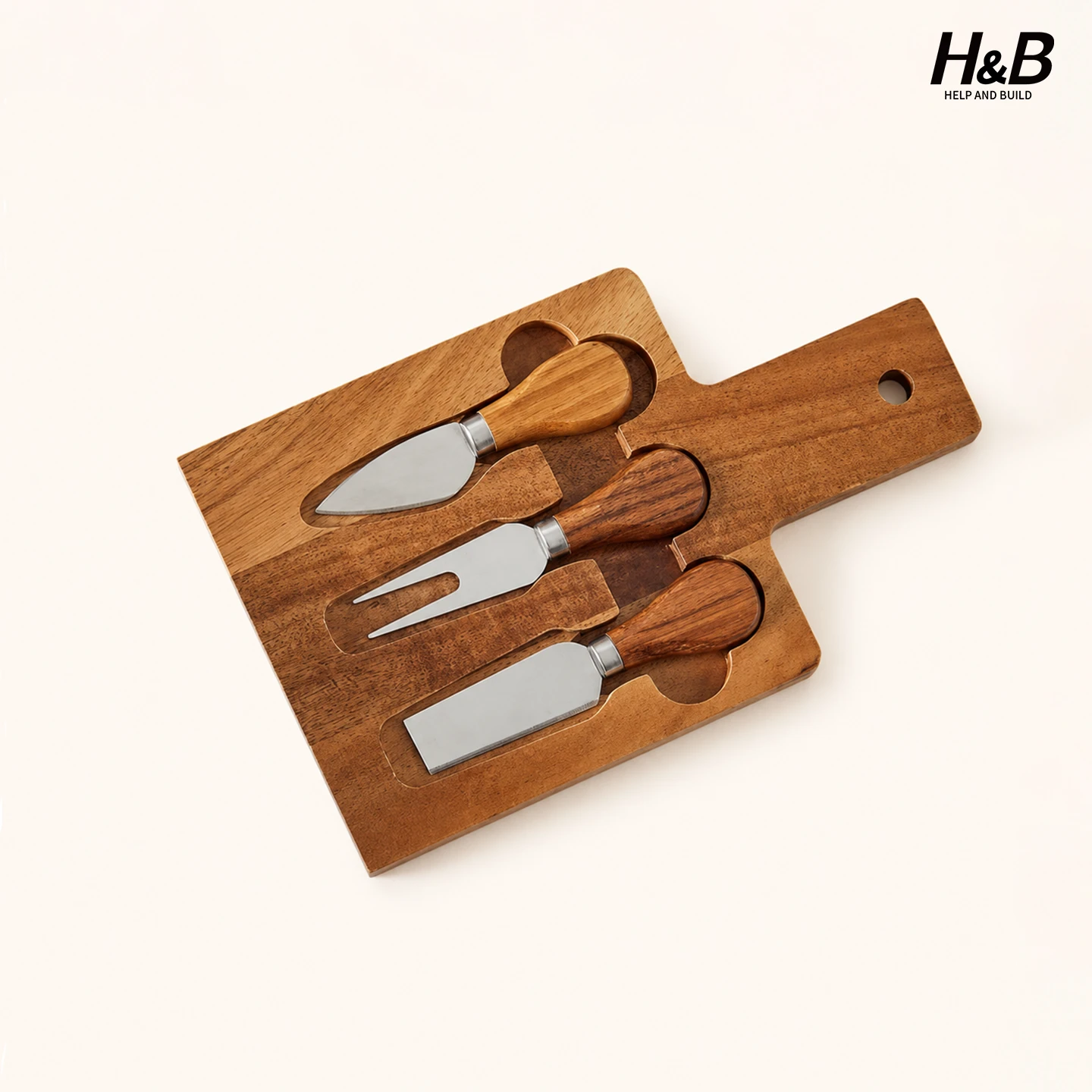 Compact acacia wood cheese board set with three cheese knives