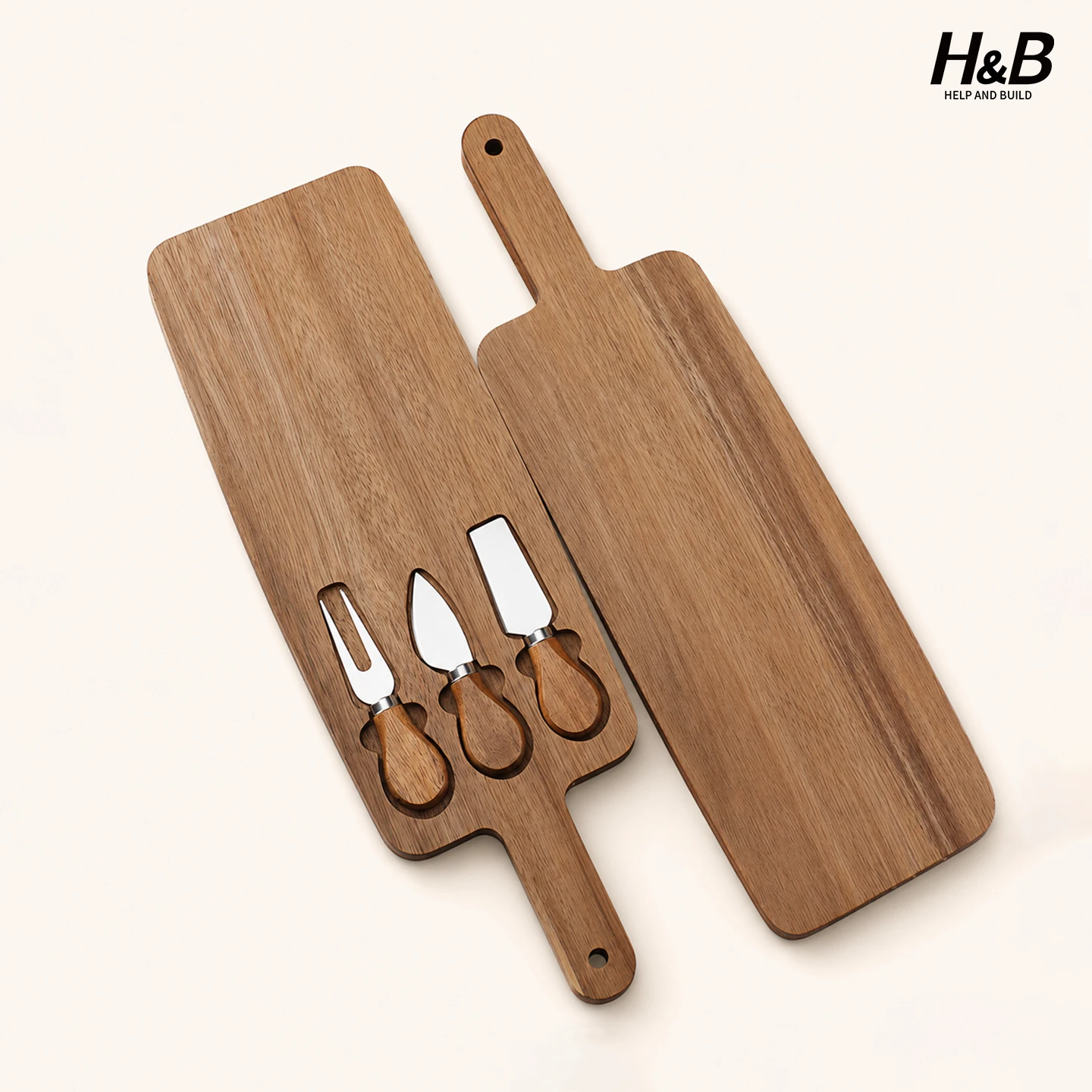 Large acacia wood cheese board variation with stainless steel cheese knives