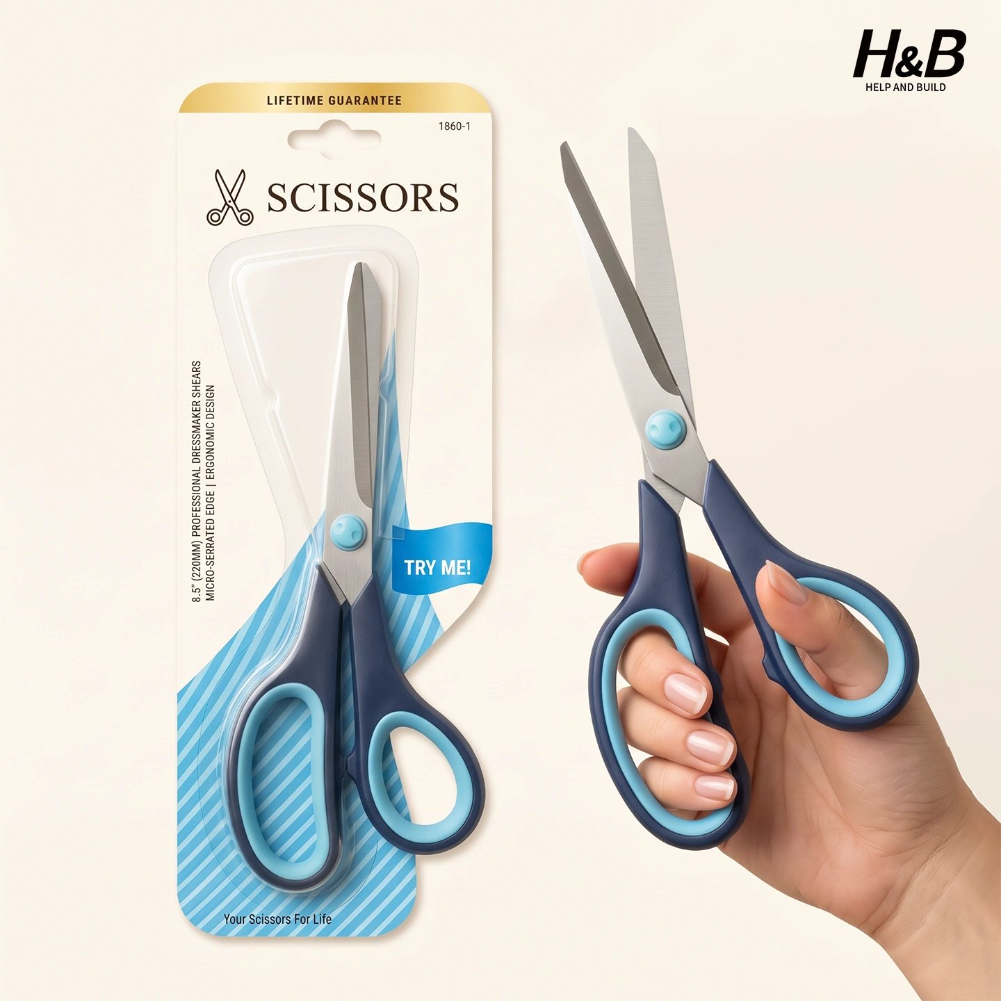 8.5 inch soft-grip household scissors shown in packaging and in hand